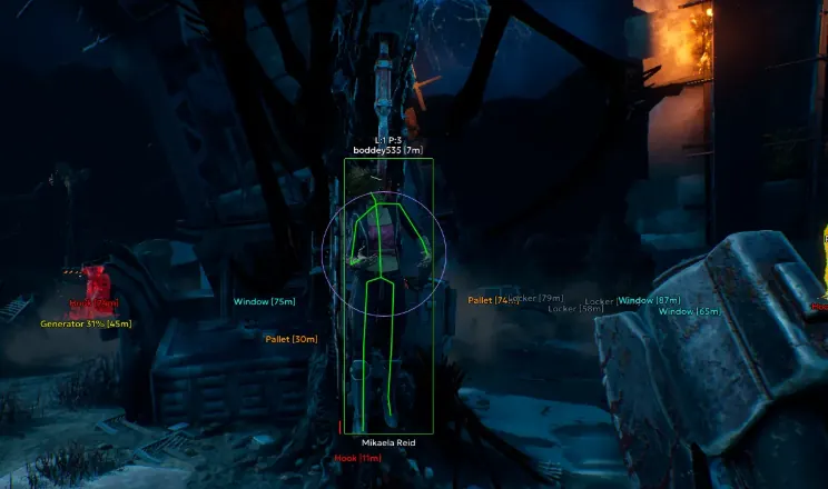 Dead by Daylight bone ESP on a hooked survivor with green skeleton overlay, name tag, level info, and nearby generator and pallet distances