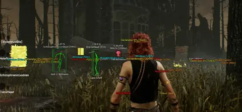 Dead by Daylight full ESP overlay — survivor bone boxes, Nemesis killer marker, and labeled generators, pallets, windows, hooks, totems, and chests with distances