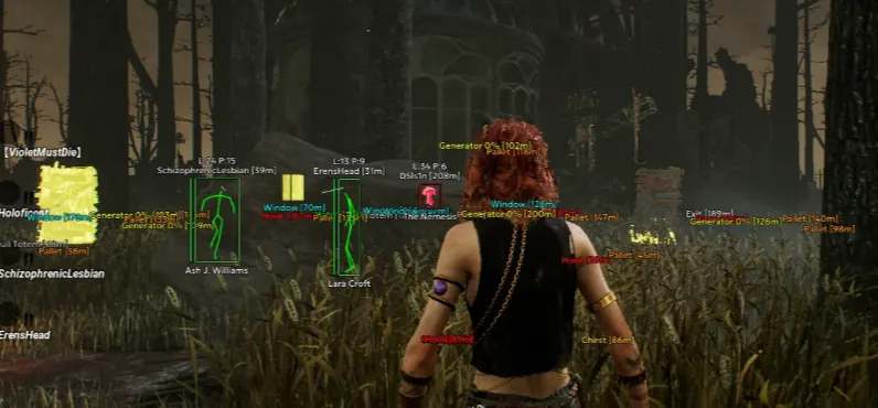 Dead by Daylight full ESP overlay — survivor bone boxes, Nemesis killer marker, and labeled generators, pallets, windows, hooks, totems, and chests with distances