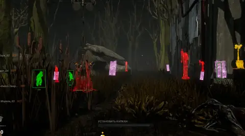 Dead by Daylight killer ESP — green survivor boxes, red and yellow generator progress overlays, and pallet markers through fog and buildings