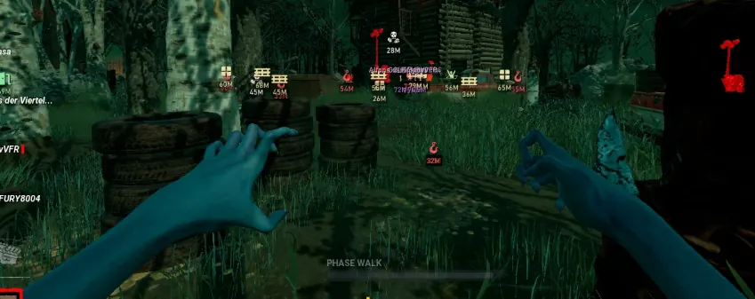 Dead by Daylight object ESP — hook, pallet, and generator icons with meter distance readouts from the killer first-person view