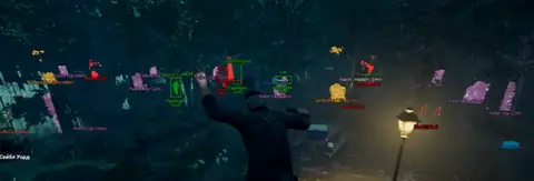 Dead by Daylight ESP wallhack — pink pallet markers, yellow generator progress, red hooks, green survivor boxes, hatch and exit-gate labels through the Fog
